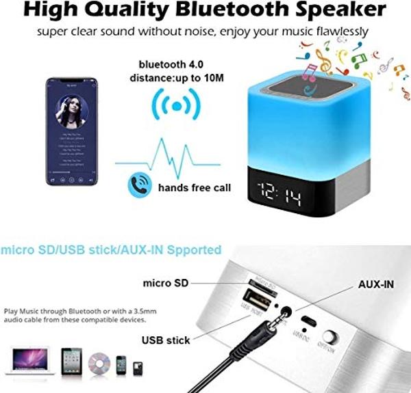 Gallstep Night Lights Bluetooth Speaker, Alarm Clock Touch Sensor Dimmable Multi-Color Changing Bedside Lamp, MP3 Player, Wireless