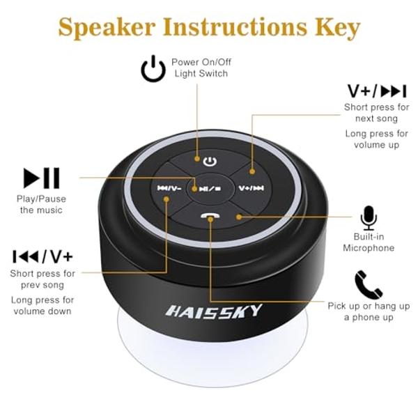 HAISSKY Bluetooth Shower Speakers, Portable Wireless Speaker with Suction Cup, IP67 Waterproof Speaker with LED Light, Pairs Easily to Phones, Tablets, Computer, Gift for Men & Wom