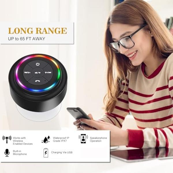 HAISSKY Bluetooth Shower Speakers, Portable Wireless Speaker with Suction Cup, IP67 Waterproof Speaker with LED Light, Pairs Easily to Phones, Tablets, Computer, Gift for Men & Wom
