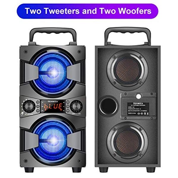 60W Bluetooth Speakers Portable Wireless Speaker with Double Subwoofer Heavy Bass, FM Radio, Microphone, Lights, Remote EQ, Loud Boom Box Stereo Sound System Speaker for Home Outdo