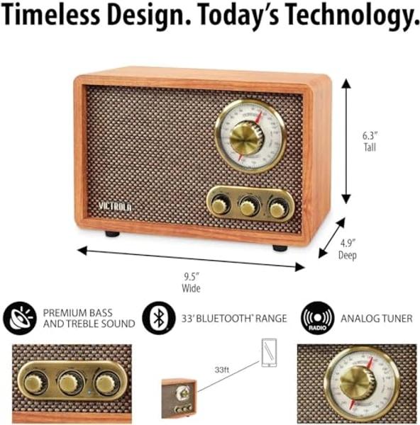 Victrola Retro Wood Bluetooth Radio with Built-in Speakers, Elegant & Vintage Design, Rotary AM/FM Tuning Dial, Wireless Streaming, Natural