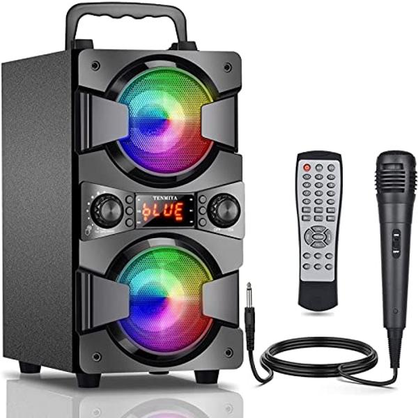 60W Bluetooth Speakers Portable Wireless Speaker with Double Subwoofer Heavy Bass, FM Radio, Microphone, Lights, Remote EQ, Loud Boom Box Stereo Sound System Speaker for Home Outdo