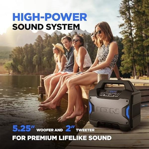ION Tailgater Boom - Outdoor Portable Bluetooth Speaker with Mic in, FM Radio, USB Port, Battery, IPX5 Water-Resistant, Wireless Stereo-Link, App, 60W