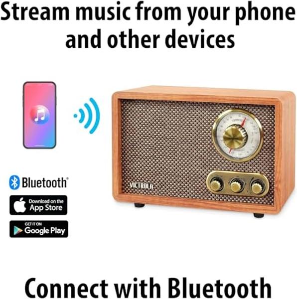 Victrola Retro Wood Bluetooth Radio with Built-in Speakers, Elegant & Vintage Design, Rotary AM/FM Tuning Dial, Wireless Streaming, Natural