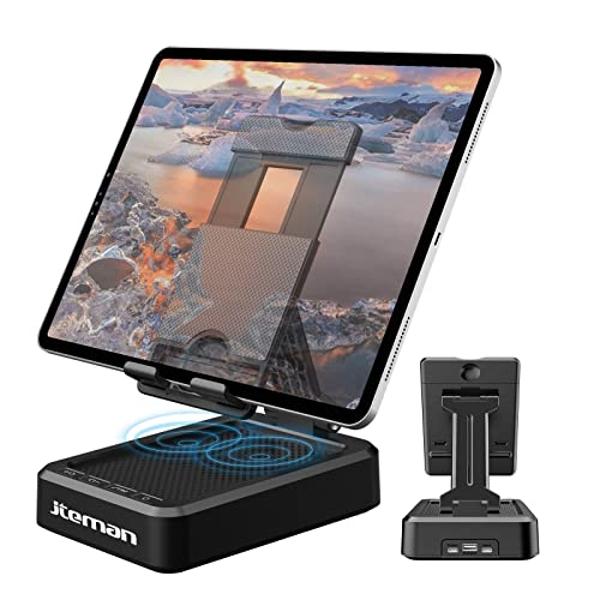 JTEMAN Tablet Stand Adjustable with Bluetooth Speakers,Kitchen Gadgets,Gifts for Women Men,Wireless Bluetooth Speaker Tablet Holder,Desk Mic Charging Sation Compatible with Phones 