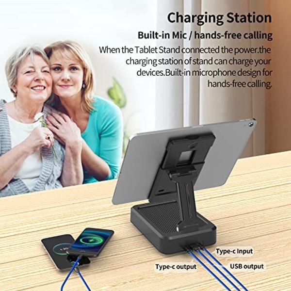 JTEMAN Tablet Stand Adjustable with Bluetooth Speakers,Kitchen Gadgets,Gifts for Women Men,Wireless Bluetooth Speaker Tablet Holder,Desk Mic Charging Sation Compatible with Phones 