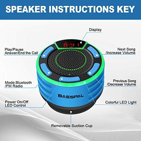 BassPal IPX7 Waterproof Speaker, Bluetooth Portable Wireless Shower Speakers with LED Display, FM Radio, Suction Cup, Light Show, TWS, Loud Stereo Sound for Pool Beach Home Party T
