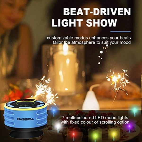 BassPal IPX7 Waterproof Speaker, Bluetooth Portable Wireless Shower Speakers with LED Display, FM Radio, Suction Cup, Light Show, TWS, Loud Stereo Sound for Pool Beach Home Party T
