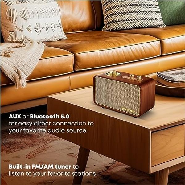 Trenbader Retro Bluetooth Speaker, Wireless Speaker Walnut Wooden Am/Fm Radio with Bluetooth Connection, Electronic for Home, Vintage Birthday Gift Small Vintage Room Decor Party T