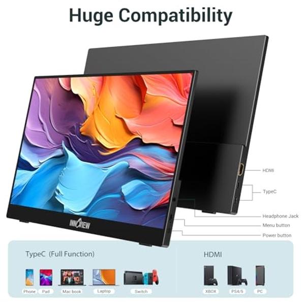 InnoView Portable Monitor, 15.6 Inch FHD 1080P HDMI USB C Second External Monitor for Laptop, Desktop, MacBook, Phones, Tablet, PS5/4, Xbox, Switch, Built-in Speaker with Protectiv