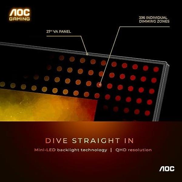 AOC Q27G3XMN 27" 2K QHD Gaming Monitor, 2560x1440, Mini LED, 180Hz, HDMI 2.0 x 1, DisplayPort 1.4 x1, Adaptive Sync, Xbox/PS5/Switch Ready, 3-Year Zero-Bright-dot