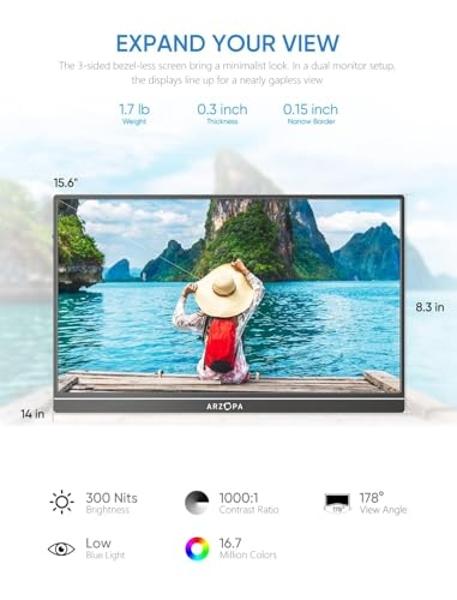 ARZOPA Portable Monitor, 15.6'' 1080P FHD Laptop Monitor USB C HDMI Computer Display HDR Eye Care External Screen w/Smart Cover for Mac Phone Xbox Switch PS5-S1 Table