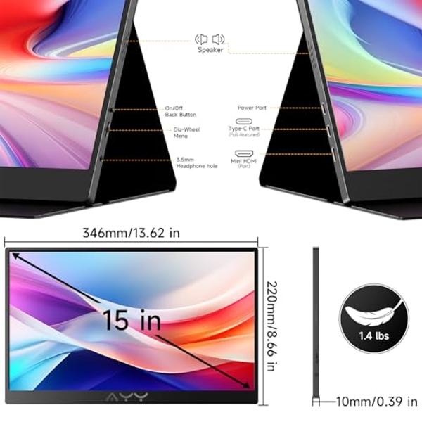 AYY Portable Monitor for Laptop 15 Inch FHD 1080P, USB-C/HDMI Travel Laptop Screen Extender Monitor Portable for PC/Mac/Phone/PS5/PS4/Xbox/Switch, HDR IPS Display with Smart Cover 