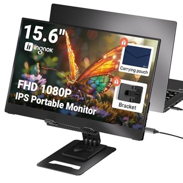 Ingnok Portable Monitor, Ultra Slim 15.6 Inch FHD IPS Laptop Screen Extender with Adjustable Stand, USB C Compatible, Ideal for Travel and Office