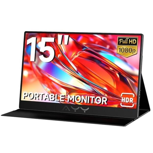 AYY Portable Monitor for Laptop 15 Inch FHD 1080P, USB-C/HDMI Travel Laptop Screen Extender Monitor Portable for PC/Mac/Phone/PS5/PS4/Xbox/Switch, HDR IPS Display with Smart Cover 