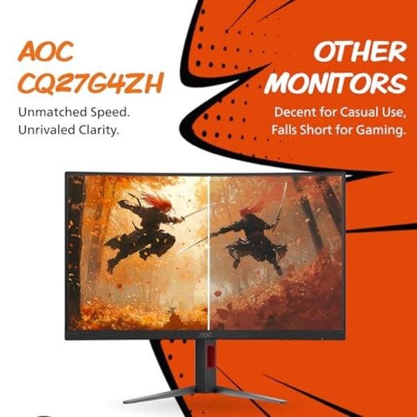 AOC CQ27G3Z 27" Curved Gaming Monitor, QHD 2K 2560x1440, 1000R VA, 240Hz 0.5ms, FreeSync Premium, Height Adjustable Stand, Xbox PS5 Switch, 3-Year Zero-Bright-dot,Black
