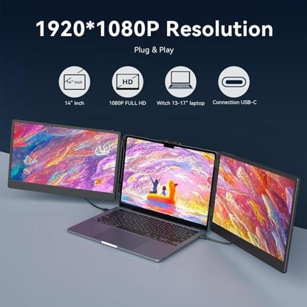 APILDELLA 14’’ Triple Laptop Screen Extender, 1080P FHD Portable Dual Monitor for Laptop USB C HDMI, Plug-Play Laptop Monitor Extender for Triple Display for Mac/Windows, Fit 13”-1