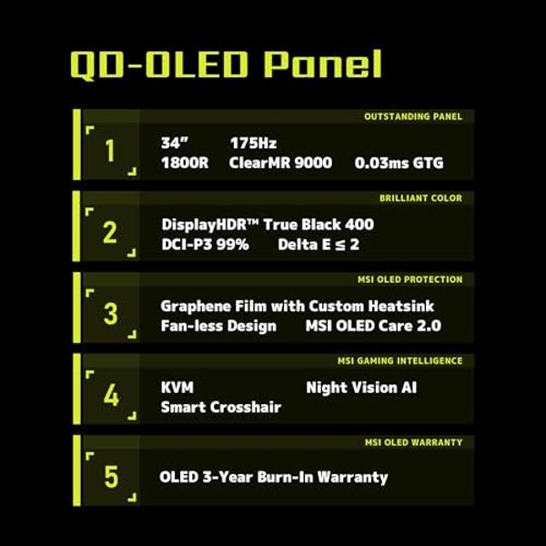 MSI MAG 341CQP QD-OLED 34" 21:9 UWQHD 175Hz Curved OLED HDR Gaming Monitor, Metallic Black