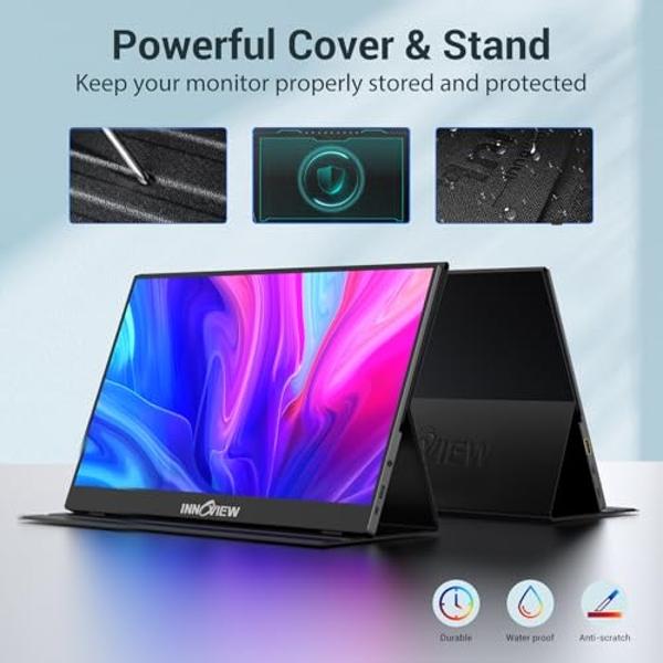 InnoView Portable Monitor, 15.6 Inch FHD 1080P HDMI USB C Second External Monitor for Laptop, Desktop, MacBook, Phones, Tablet, PS5/4, Xbox, Switch, Built-in Speaker with Protectiv