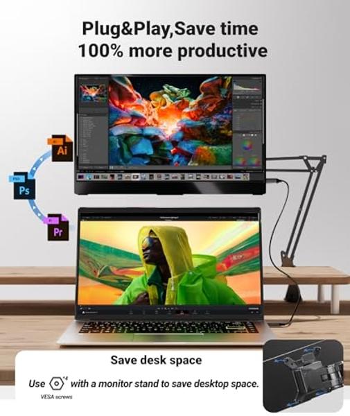 Ingnok Portable Monitor, Ultra Slim 15.6 Inch FHD IPS Laptop Screen Extender with Adjustable Stand, USB C Compatible, Ideal for Travel and Office