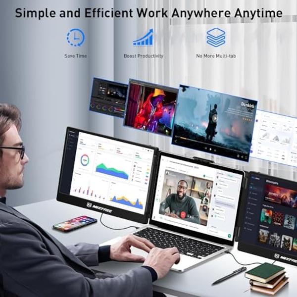 Maxfree S2 Triple Monitor for Laptop, 14' Plug & Play, 1080P HD Portable Screen Extender for 13-17.3' Laptops, Compatible with Windows/Mac/Surface/Android/Switch