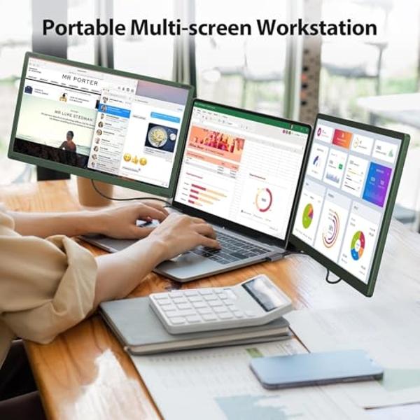 APILDELLA 14’’ Triple Laptop Screen Extender, 1080P FHD Portable Dual Monitor for Laptop USB C HDMI, Plug-Play Laptop Monitor Extender for Triple Display for Mac/Windows, Fit 13”-1