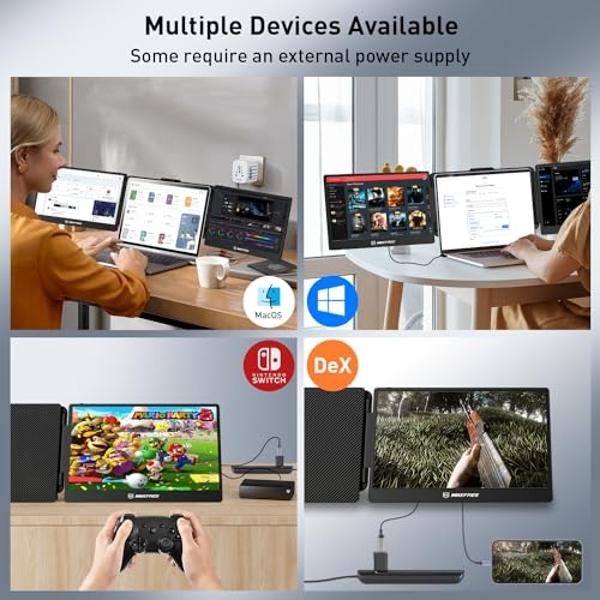 Maxfree S2 Triple Monitor for Laptop, 14' Plug & Play, 1080P HD Portable Screen Extender for 13-17.3' Laptops, Compatible with Windows/Mac/Surface/Android/Switch