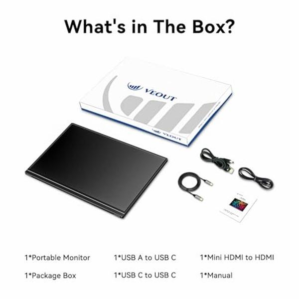 Veout 16" Portable Monitor, 1920 * 1200P IPS Laptop Screen with USB-C, HDMI Gaming Monitor Featuring a Kickstand, 0.3" Ultra-Slim for Travel and Office Use