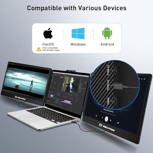 Maxfree S2 Triple Monitor for Laptop, 14' Plug & Play, 1080P HD Portable Screen Extender for 13-17.3' Laptops, Compatible with Windows/Mac/Surface/Android/Switch