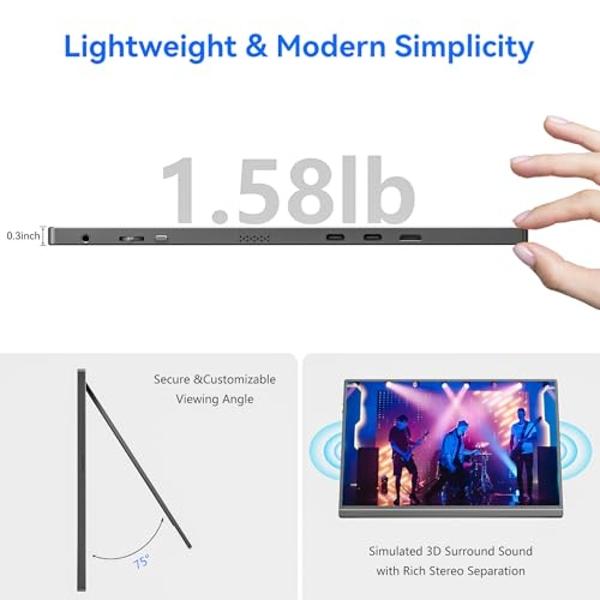 Veout 16" Portable Monitor, 1920 * 1200P IPS Laptop Screen with USB-C, HDMI Gaming Monitor Featuring a Kickstand, 0.3" Ultra-Slim for Travel and Office Use