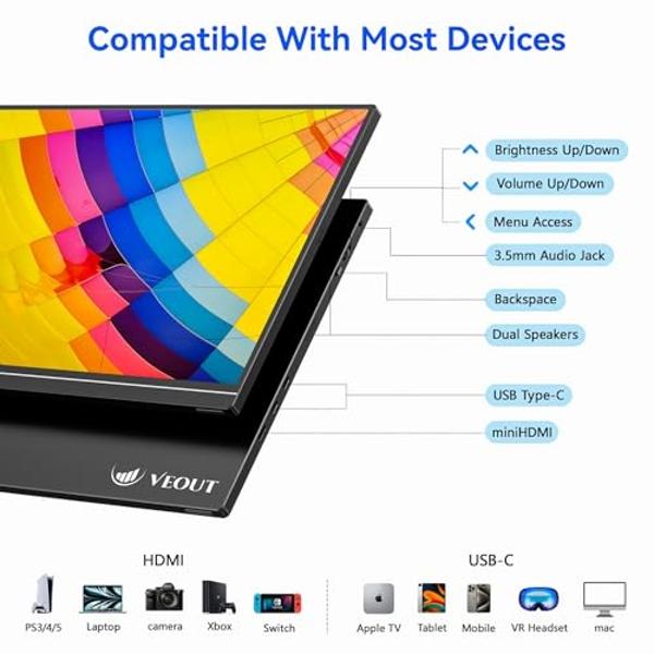 Veout 16" Portable Monitor, 1920 * 1200P IPS Laptop Screen with USB-C, HDMI Gaming Monitor Featuring a Kickstand, 0.3" Ultra-Slim for Travel and Office Use