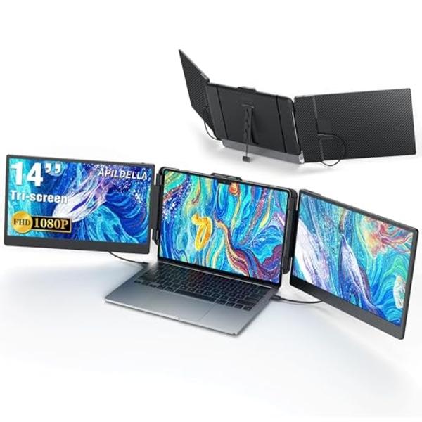 APILDELLA 14’’ Triple Laptop Screen Extender, 1080P FHD Portable Dual Monitor for Laptop USB C HDMI, Plug-Play Laptop Monitor Extender for Triple Display for Mac/Windows, Fit 13”-1