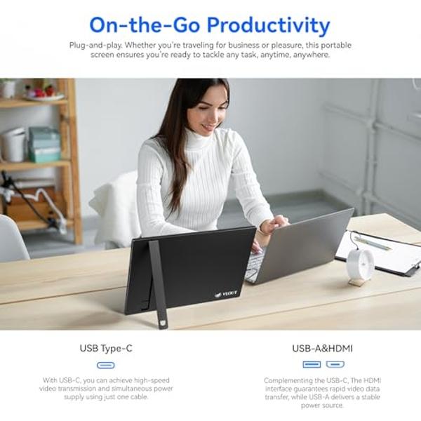 Veout 16" Portable Monitor, 1920 * 1200P IPS Laptop Screen with USB-C, HDMI Gaming Monitor Featuring a Kickstand, 0.3" Ultra-Slim for Travel and Office Use