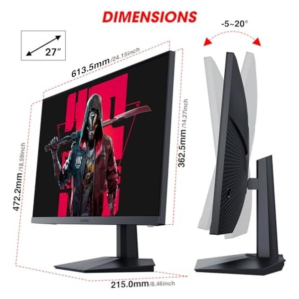 KOORUI 27” WQHD (2560 x 1440p) Gaming Monitor 170Hz (Supports 144Hz), 1ms Fast IPS, HDR 10, DCI-P3 95% Color Gamut, FreeSync Premium, Adaptive G-Sync, HDMI x 2, DisplayPort, Black