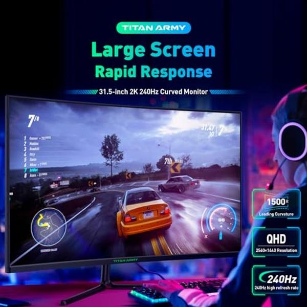 TITAN ARMY 32 Inch 240Hz 1440P Gaming Monitor Curved, 2K QHD 2560 x 1440 1ms, Adaptive Sync, 1500R Frameless VA, 124% sRGB, HDMI 2.1, DisplayPort 1.4, HDR400, Low Blue Light, VESA 