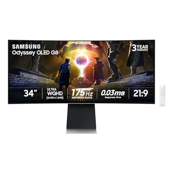 Samsung 34" Odyssey OLED G8 (G85SD) Series 4K Ultra-QWHD QD-OLED G-Sync Compatible Curved Gaming Monitor, 175Hz, 0.03ms, Glare-Free Display, AMD FreeSync Premium Pro, 3 Yr Warranty