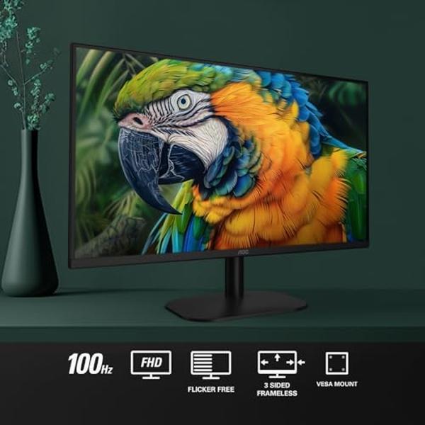 AOC 27B2H2 27” Frameless IPS Monitor, FHD 1920x1080, 100Hz, 101% sRGB, for Home and Office, HDMI x2, Low Blue Mode, VESA Compatible, Black