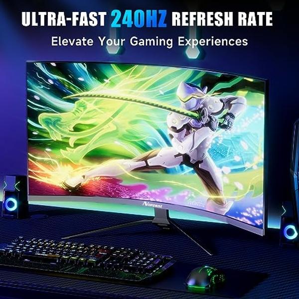 Norcent 27-inch FHD VA Gaming Curved Monitor with Rainbow Lights, 240Hz Refresh Rate, Eye Care 1080P Display, FreeSync G-Sync Compatible, 1ms DisplayPort, HDMI, DP and Speakers