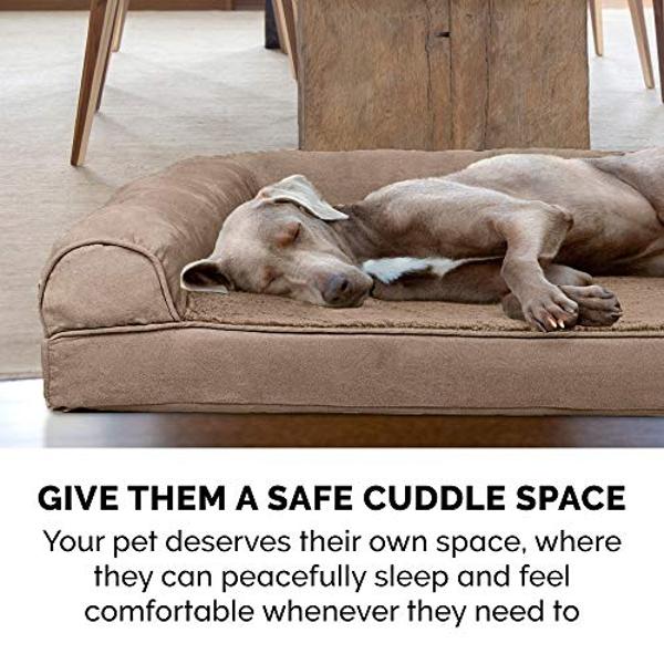 Furhaven Cooling Gel Dog Bed for Large Dogs w/ Removable Bolsters & Washable Cover, For Dogs Up to 95 lbs - Plush & Suede Sofa - Almondine, Jumbo/XL