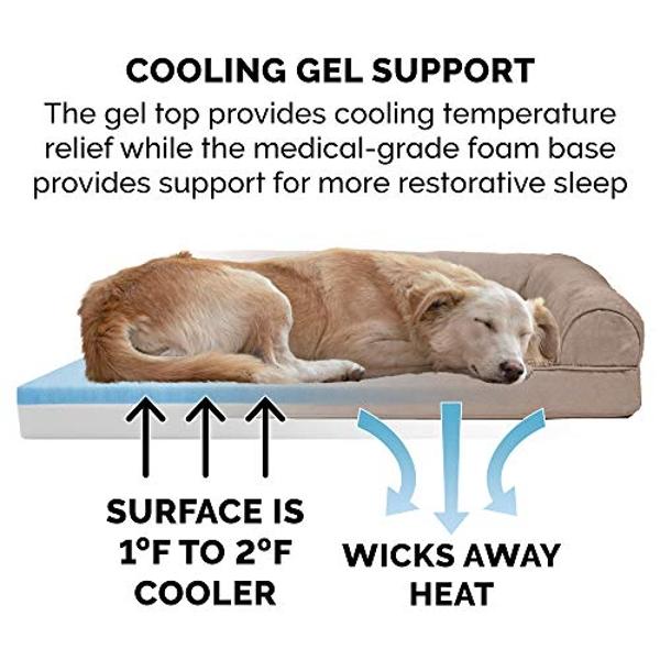 Furhaven Cooling Gel Dog Bed for Large Dogs w/ Removable Bolsters & Washable Cover, For Dogs Up to 95 lbs - Plush & Suede Sofa - Almondine, Jumbo/XL