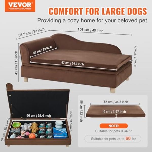 VEVOR Large Dog Couch Sofa Bed for Small Dogs and Cats, Soft Velvety Pet Sofa Bed, 60 lbs Loading Cat Sofa, Dark Brown