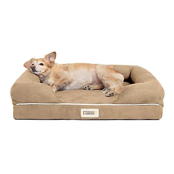 Furhaven Cooling Gel Dog Bed for Large Dogs w/ Removable Bolsters & Washable Cover, For Dogs Up to 95 lbs - Plush & Suede Sofa - Almondine, Jumbo/XL