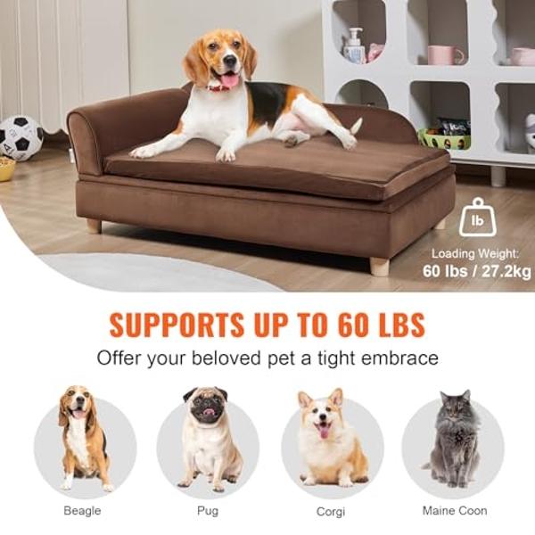 VEVOR Large Dog Couch Sofa Bed for Small Dogs and Cats, Soft Velvety Pet Sofa Bed, 60 lbs Loading Cat Sofa, Dark Brown