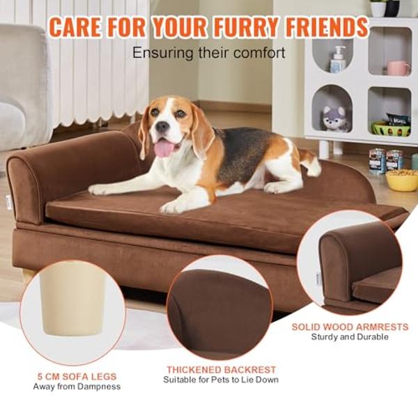 VEVOR Large Dog Couch Sofa Bed for Small Dogs and Cats, Soft Velvety Pet Sofa Bed, 60 lbs Loading Cat Sofa, Dark Brown