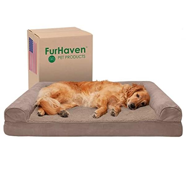 Furhaven Cooling Gel Dog Bed for Large Dogs w/ Removable Bolsters & Washable Cover, For Dogs Up to 95 lbs - Plush & Suede Sofa - Almondine, Jumbo/XL