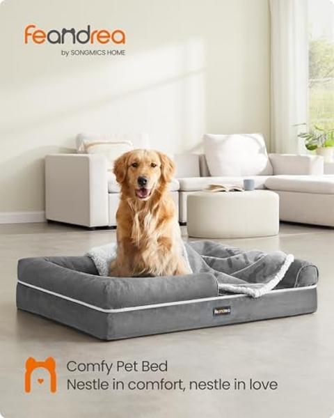 Furhaven Cooling Gel Dog Bed for Large Dogs w/ Removable Bolsters & Washable Cover, For Dogs Up to 95 lbs - Plush & Suede Sofa - Almondine, Jumbo/XL