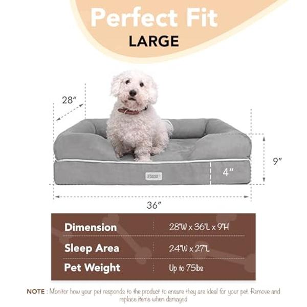 Chester Large Dog Bed - Orthopedic Memory Foam Mattress, Calming Couch, Wall Rim Pillow, Water Resistant, Washable Cover, Non-Slip, Khaki Beige