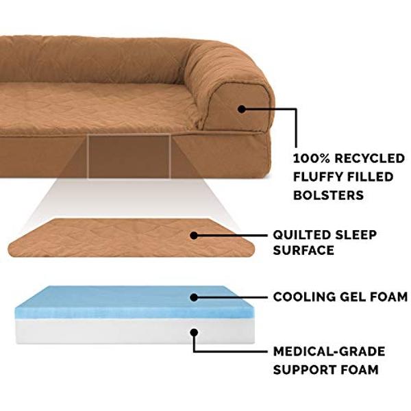 Furhaven Cooling Gel Dog Bed for Large Dogs w/ Removable Bolsters & Washable Cover, For Dogs Up to 125 lbs - Quilted Sofa - Toasted Brown, Jumbo Plus/XXL