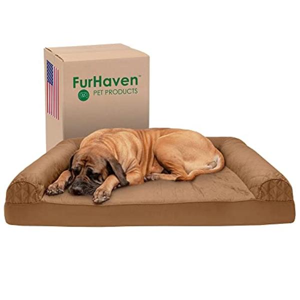 Furhaven Cooling Gel Dog Bed for Large Dogs w/ Removable Bolsters & Washable Cover, For Dogs Up to 125 lbs - Quilted Sofa - Toasted Brown, Jumbo Plus/XXL