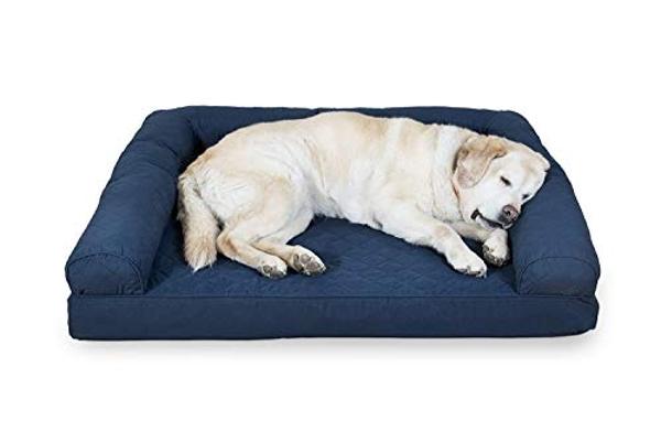 Furhaven Cooling Gel Dog Bed for Large Dogs w/ Removable Bolsters & Washable Cover, For Dogs Up to 95 lbs - Quilted Sofa - Navy (Blue), Jumbo/XL